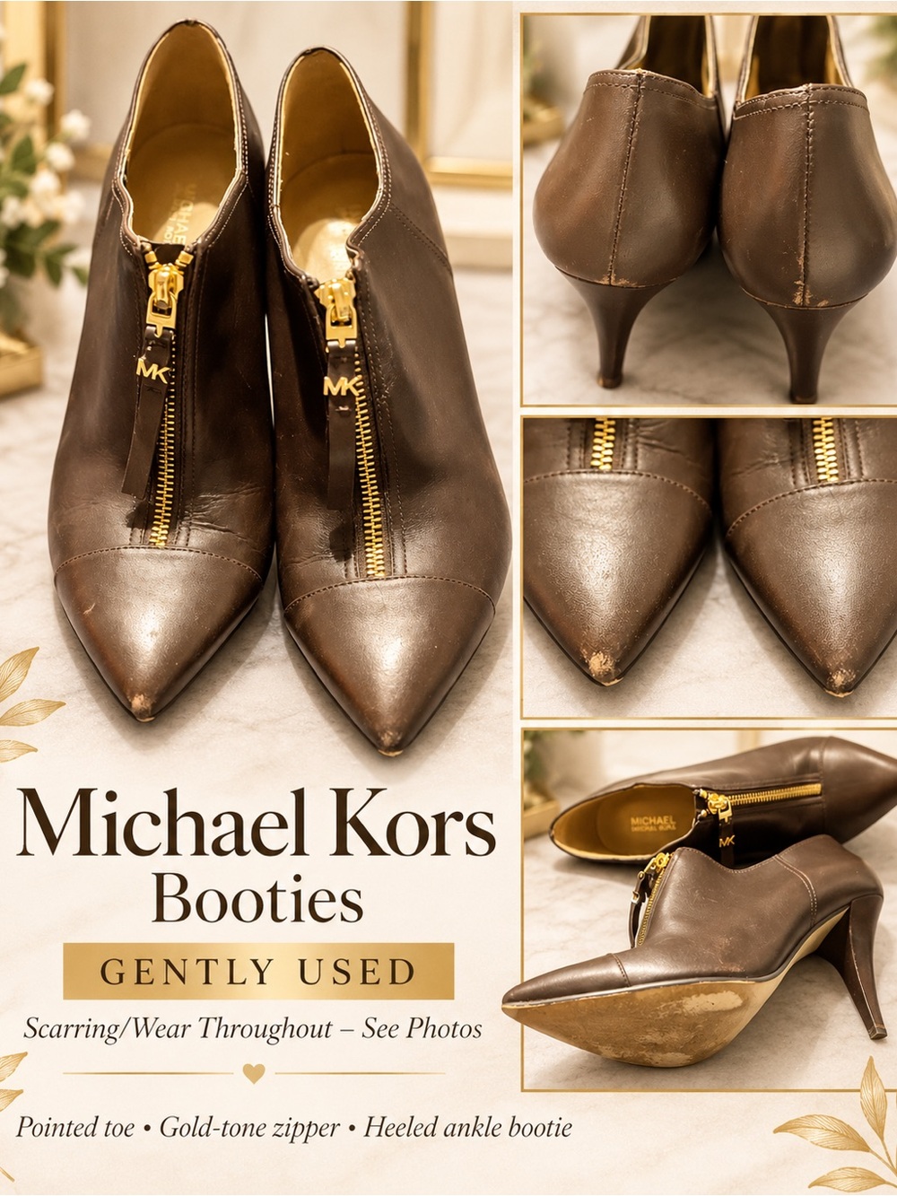 Michael Kors Brown Leather Pointed Toe Booties with Gold Zipper